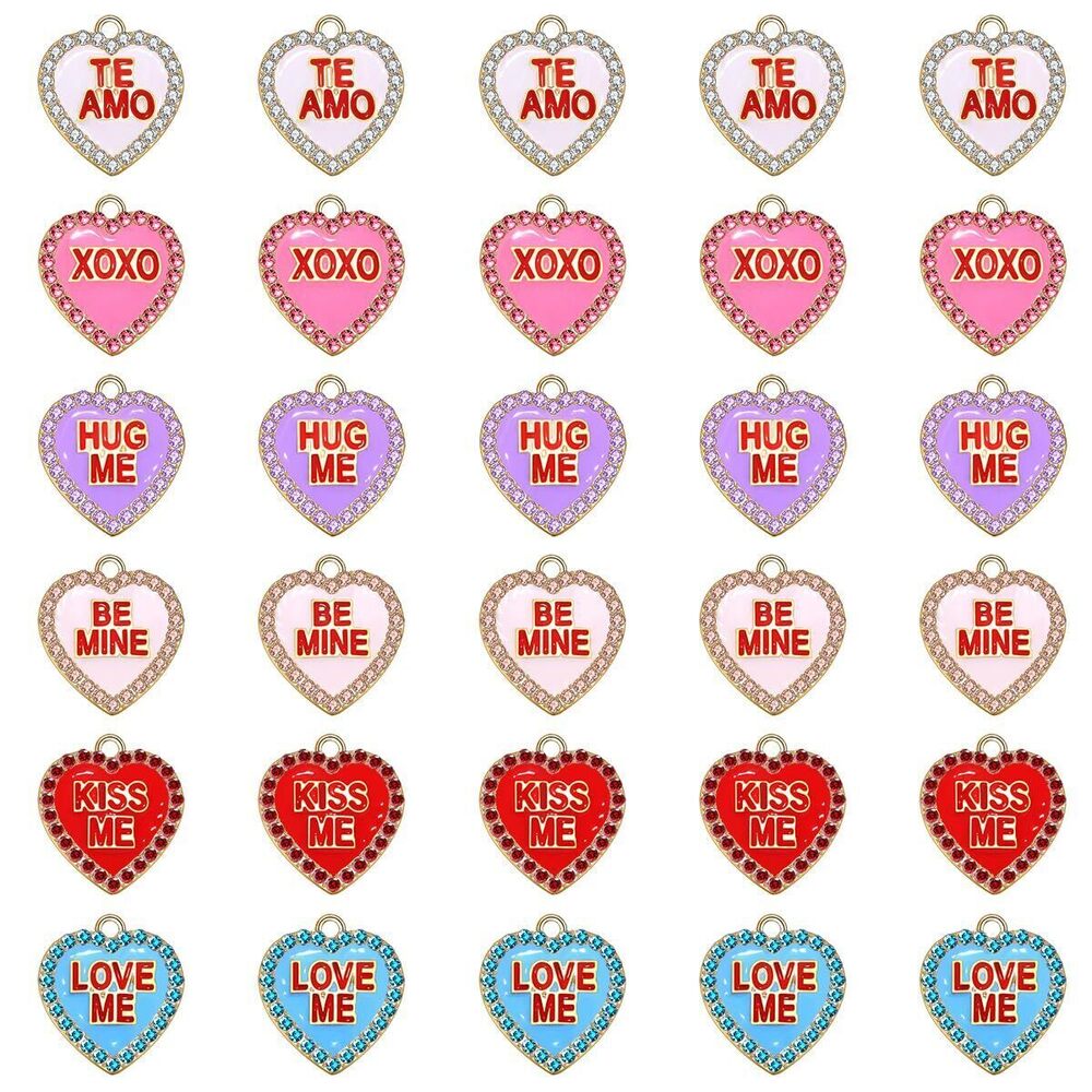 2478 15/30PCS Valentine's Day Heart Charms for Jewelry Making - Red, Pink